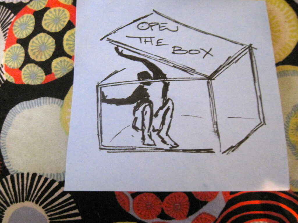 post-it of a stick figure sitting in a large box, opening the top