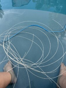 several lengths of basket reed floating in a pool next to my feet